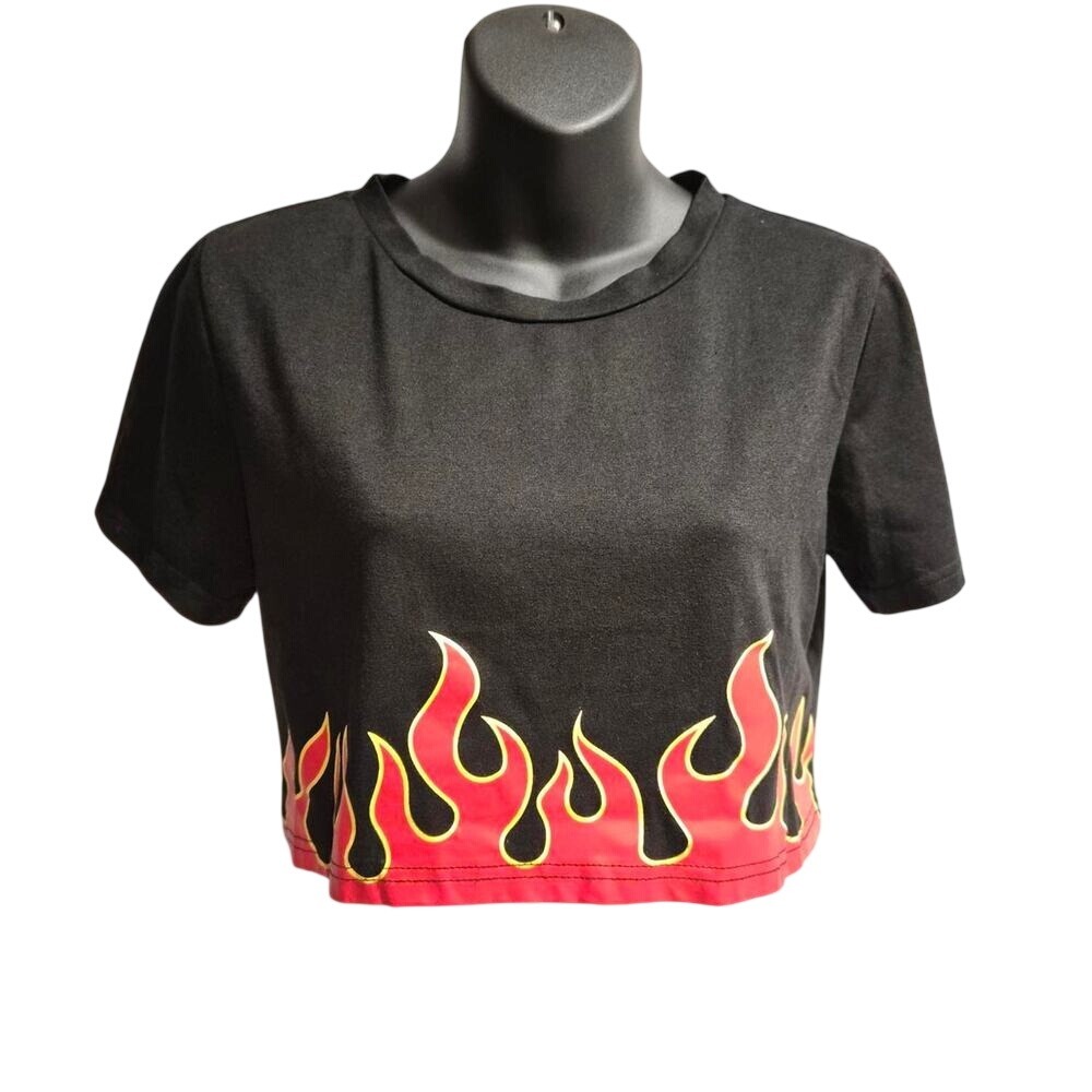 Romwe Womens Black Flame Graphic Short Sleeve Crop Top Tee Size S